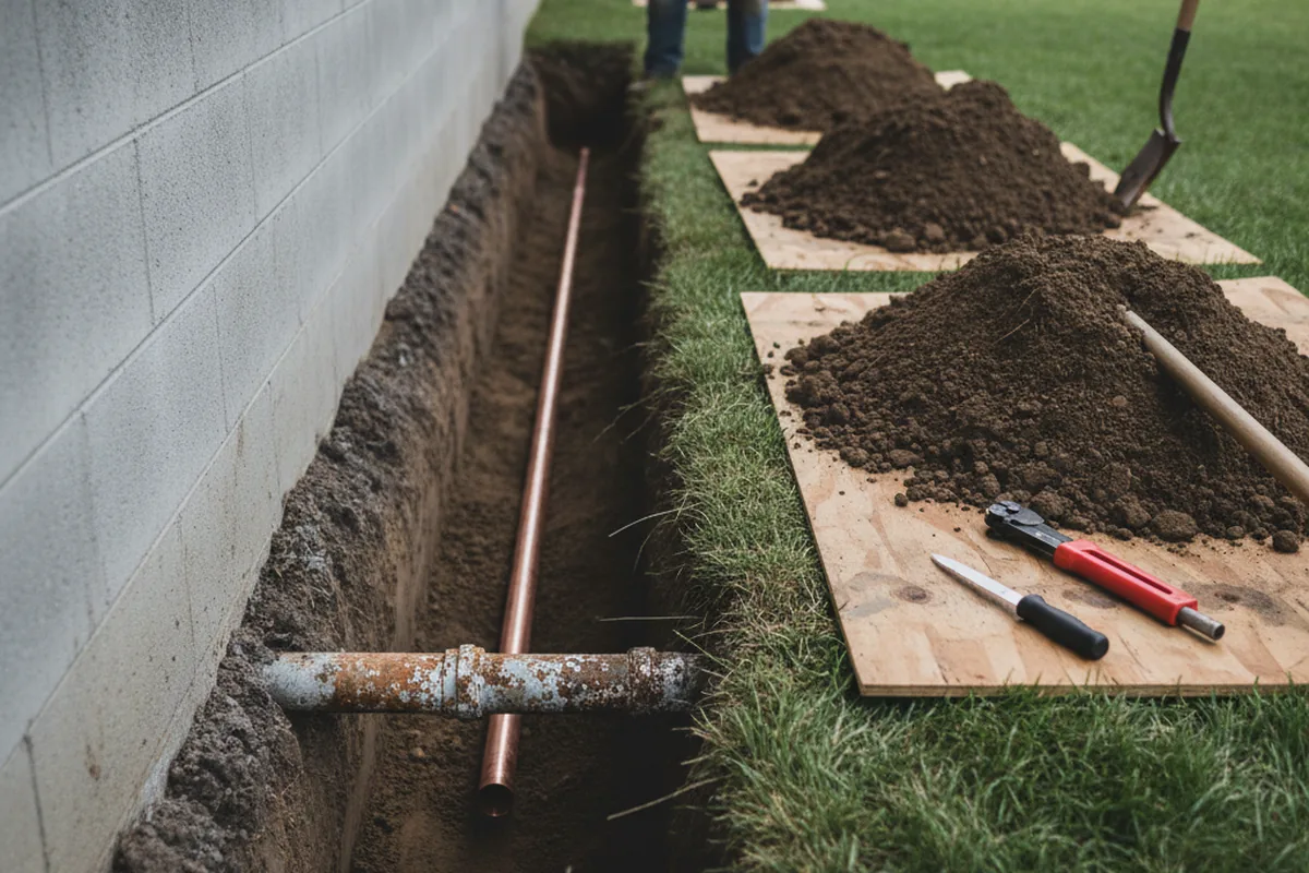 Excavated water line trench during Sewer Line Repair in Walland
